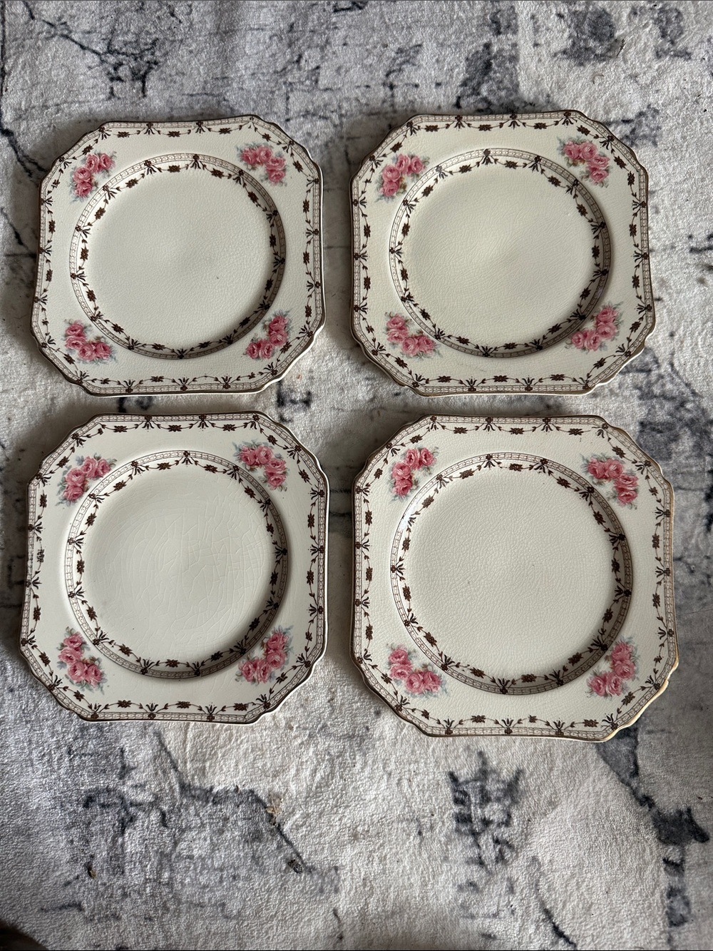 Vintage Floral Square Dessert Plates - Pink on Cream (Set of 4)